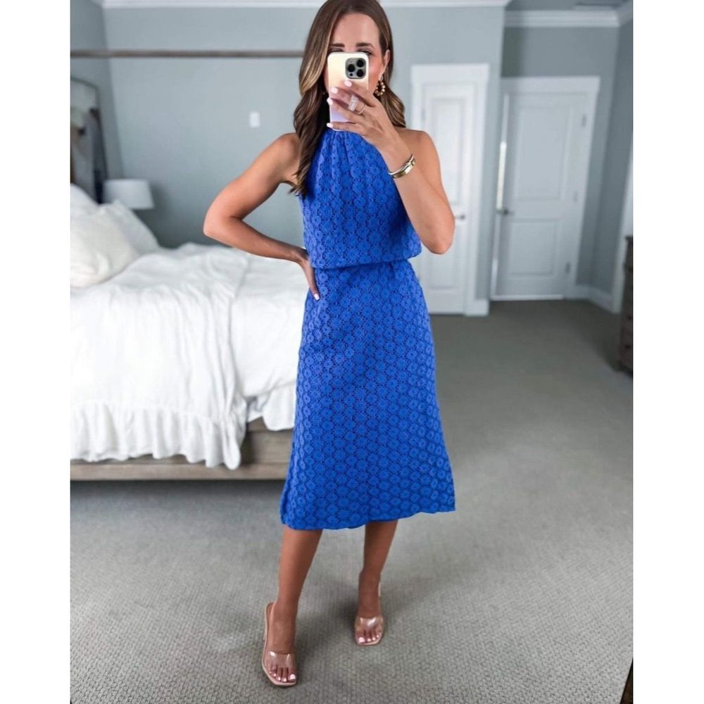 A New Day Women's Dress Small Crochet Midi Halter Blue Sleeveless Sundress New - Picture 7 of 15